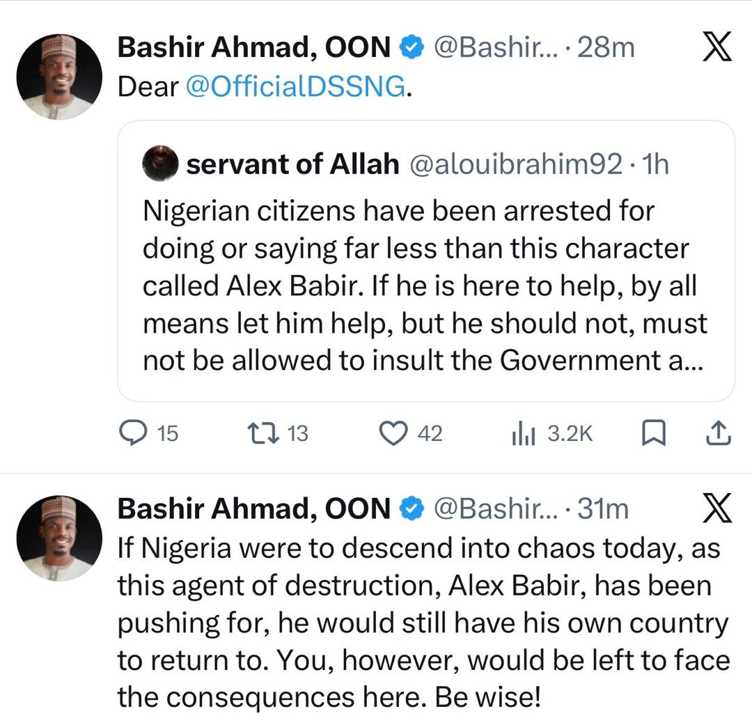 Former presidential aide, Bashir Ahmad, calls for arrest and investigation of US Missionary Alex Babir hours after he shared a video calling out President Tinubu